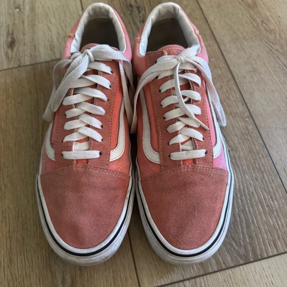 Pink and white Vans sneakers, lace up, suede tips, size 9.5 M or 11 W.